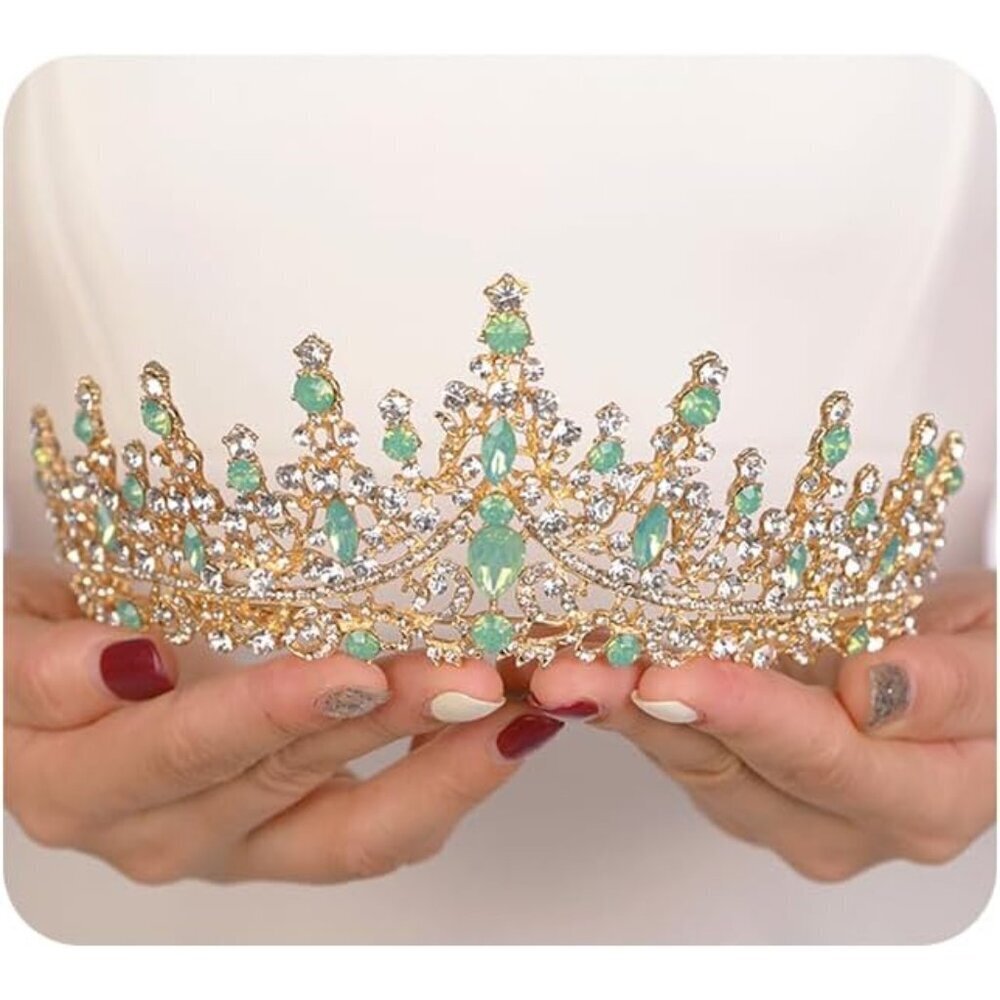 Vintage Green Gold Alloy Bridal Tiara for Women Wedding Prom Party Accessories